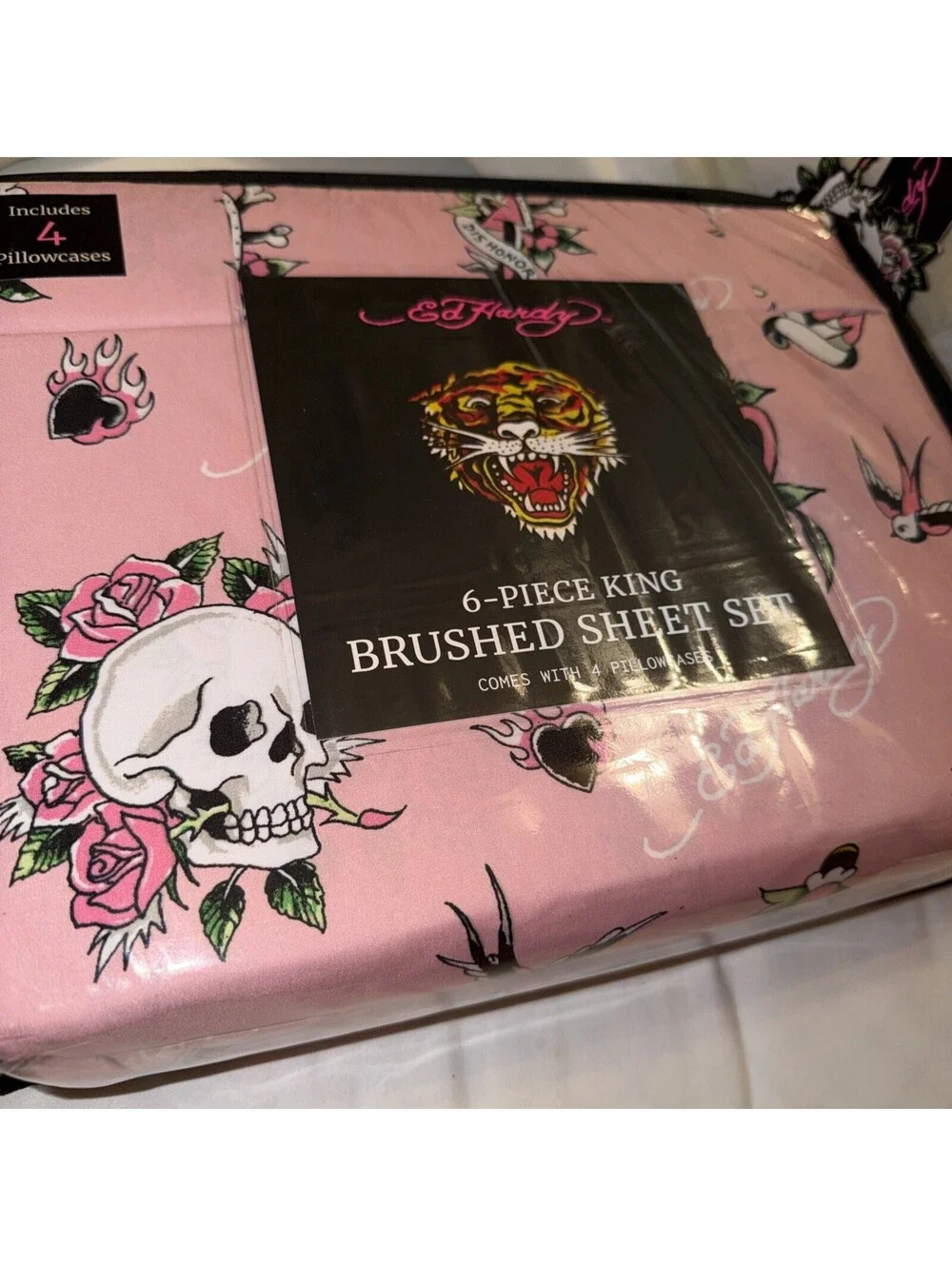 ED HARDY King Pink Sheet Set 6pc New Flowers Skull Roses Heart Grunge Y2K
